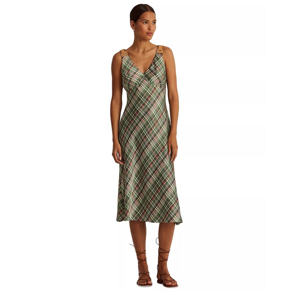Lauren Ralph Lauren Plaid Satin Charmeuse Timeless Sleeveless Dress Women 4 NWT